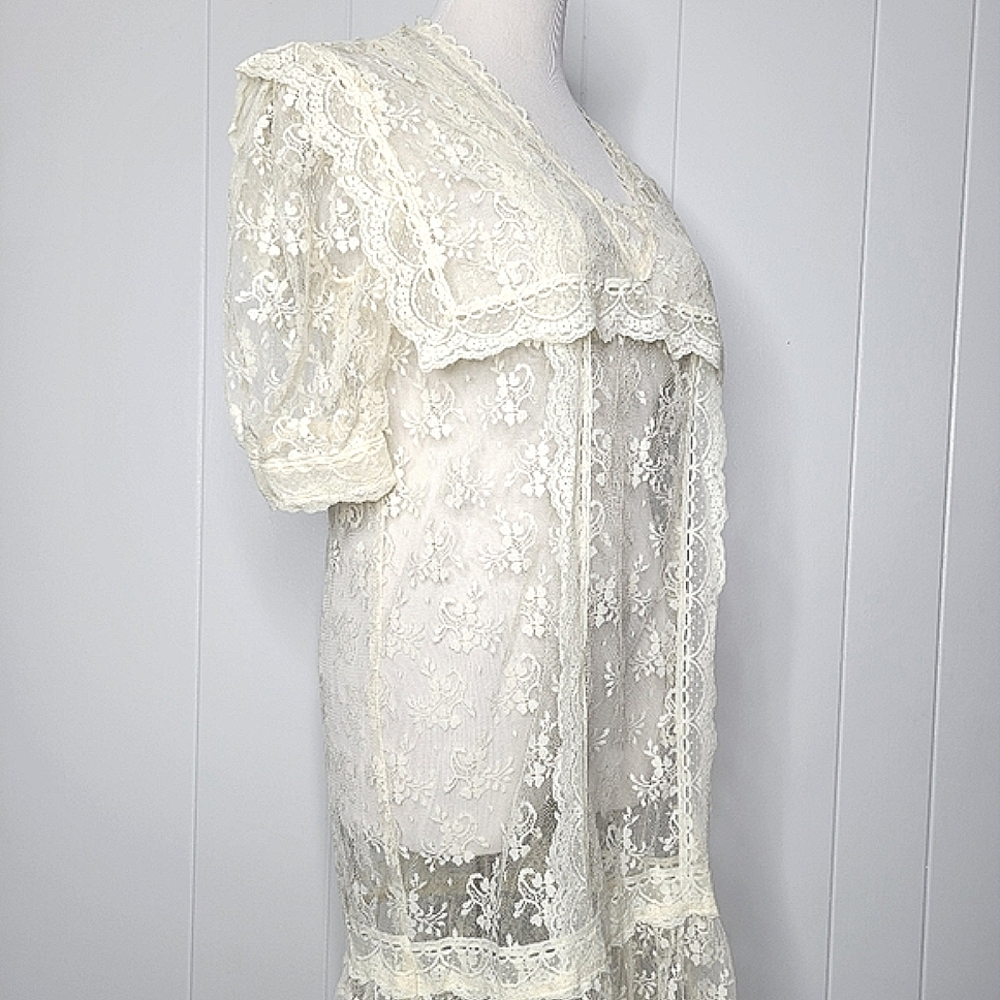 Vintage Lace Drop Waist Sheer Dress Nightgown Victorian Bridal Wedding Fairycore - Picture 6 of 14
